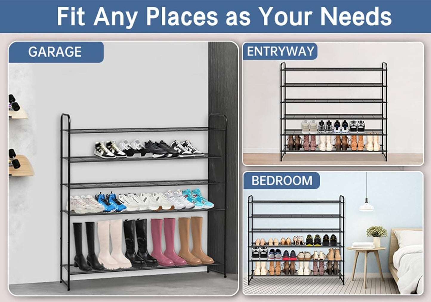 KEETDY 3-Tier Long Shoe Rack for Closet Metal Shoe Organizer for Entryway, Wide Stackable Shoe Storage Shelf with Sturdy Wire Grid for Closet Floor, Bedroom, Black