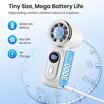Clip-On Portable Fan with Ice Cooling, 5 Speeds Rechargeable Handheld Mini Fan with LED Display, 180° Portable Turbo Fan for Stroller, Eye Lash, Travel, Concert, Beach, Gifts for Women (White)