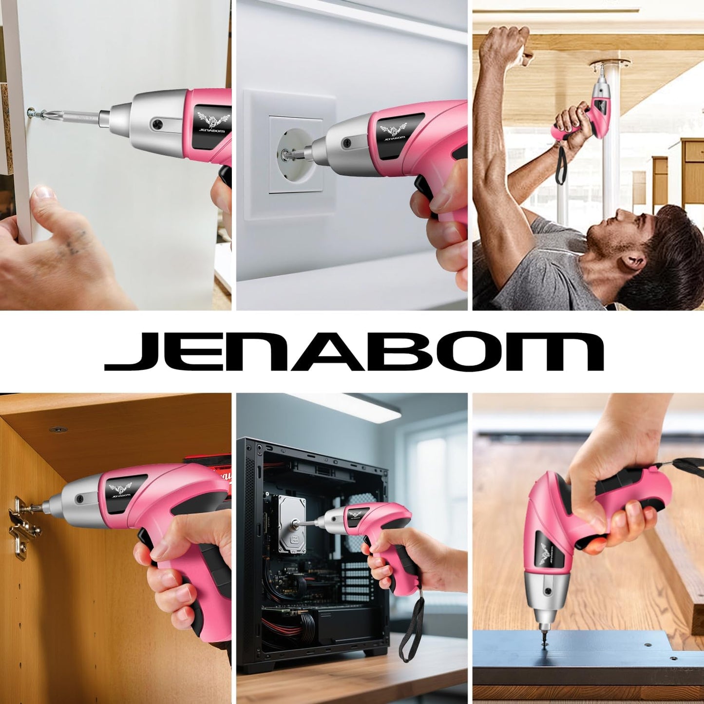 JENABOM Pink 3.6V USB Cordless Electric Screwdriver & Household Tool Kit | Power Screwdriver and Hand Tools in a Compact Box Case for Small Repair and Maintenance- Ideal Housewarming Gift, 112Pcs