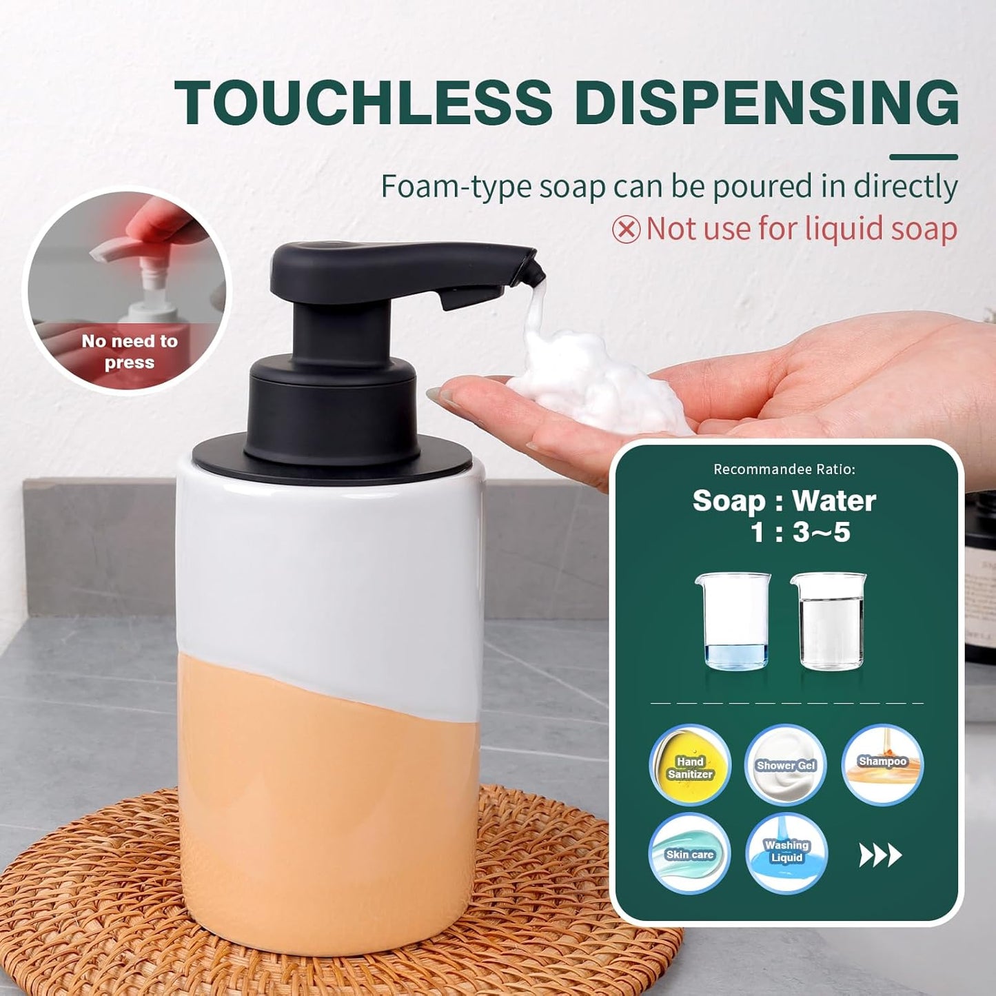 BosilunLife Automatic Soap Dispenser Ceramic Hand Free Soap Dispenser with Waterproof Pump Rechargeable Smart Electric Lotion Soap Dispenser Touchless (White-Green, Foam Pump)
