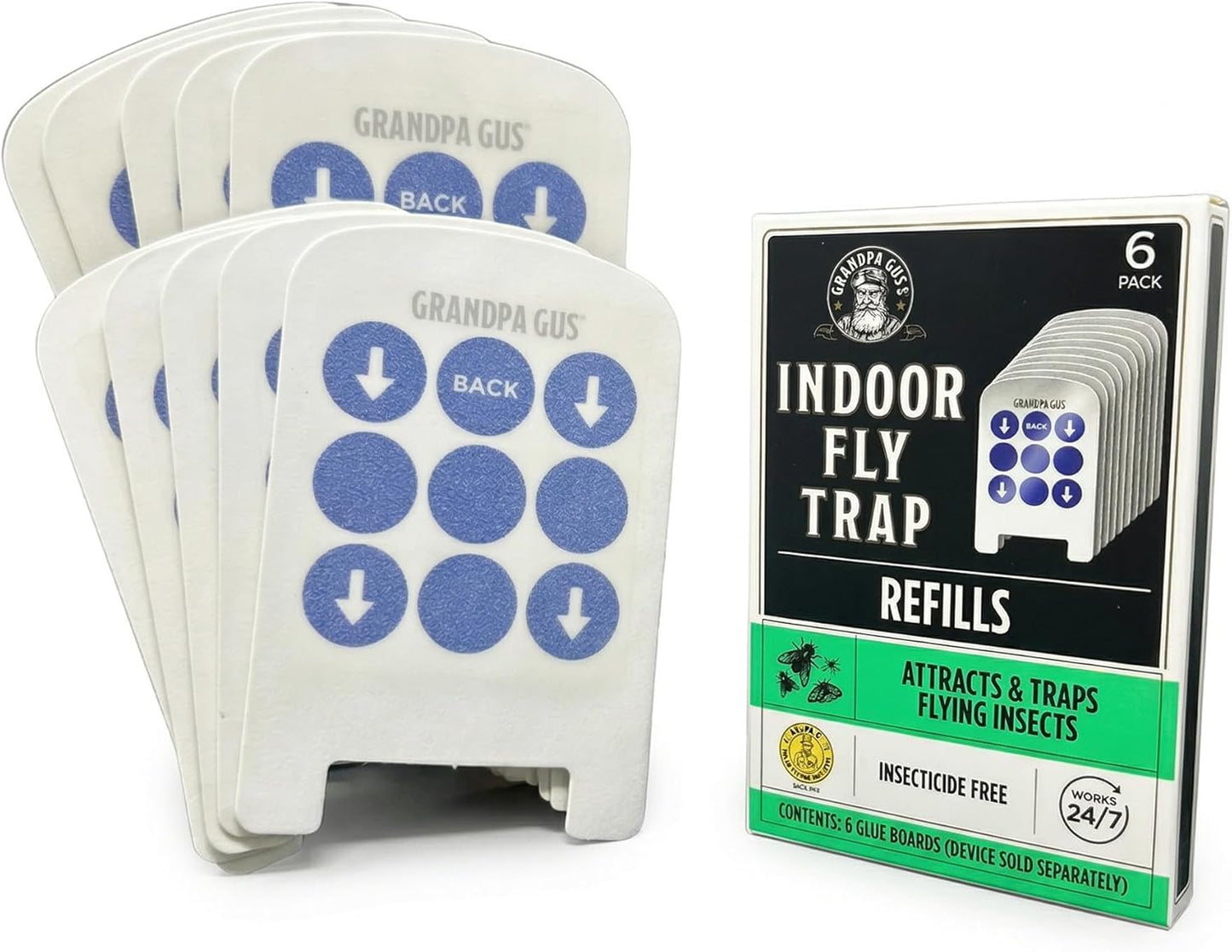 Grandpa Gus’s Indoor Fly Trap Plug-In - UV Light Insect Catcher for Flies, Gnats, Fruit Flies, Mosquitoes & Moths - No Insecticides, Sticky Glue Trap for Kitchen, Garage, Includes 3 Refill Glue Boards