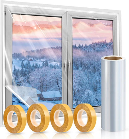 Window Insulation Kit, 63 × 394 Inch Plastic Window Covering for Winter, Window Insulation Film Window Wrap Insulation Windows Winterizing Kit with Double-Sided Tape for 10 Pcs 3 x 5 Ft Windows