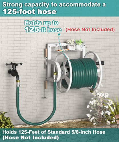 Artigarden Outdoor Wall Mounted Hose Reel with Hook, Garden Heavy-Duty Water Holder Winder with 3.9 ft Leader Hoses, Brass Fitting and Storage Basket for Yard, Holds 125 Ft of 5/8-Inch Hose, Black