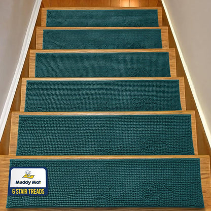 Muddy Mat® Pack of 4 - Soft Chenille Stair Treads Non-Slip Reusable, Super Absorbent Stair Treads for Wooden Steps, Tile & Marble Floor, Easy to Install & Machine Washable - Brown 30'' x 7''