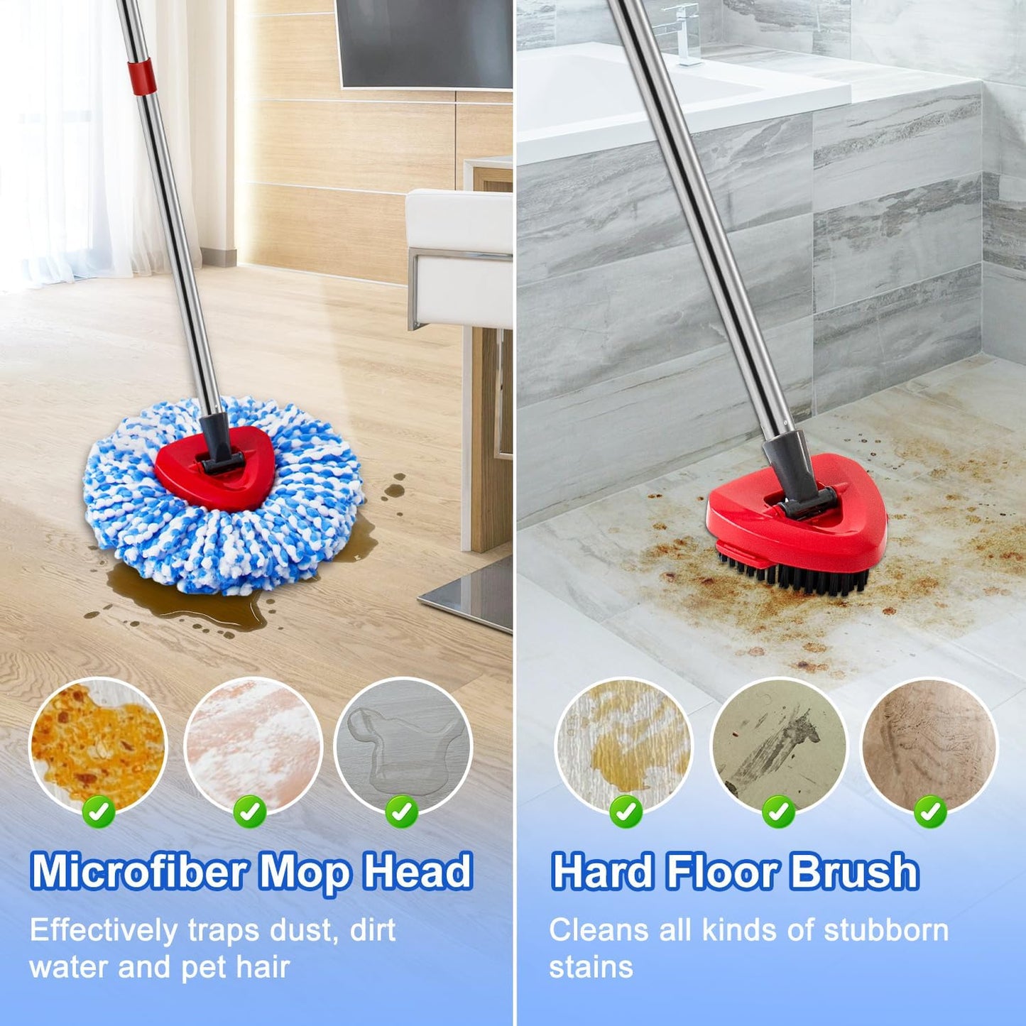Mop Replace Heads Mop Handle and Base Replacement for O Cedar EasyWring 1-Tank Spin Mop System, 2 Microfiber Mops Refills, 4-Section Iron Mop Handle 30-58Inch and 1 Mopping Heads Cover Set (No Bucket)