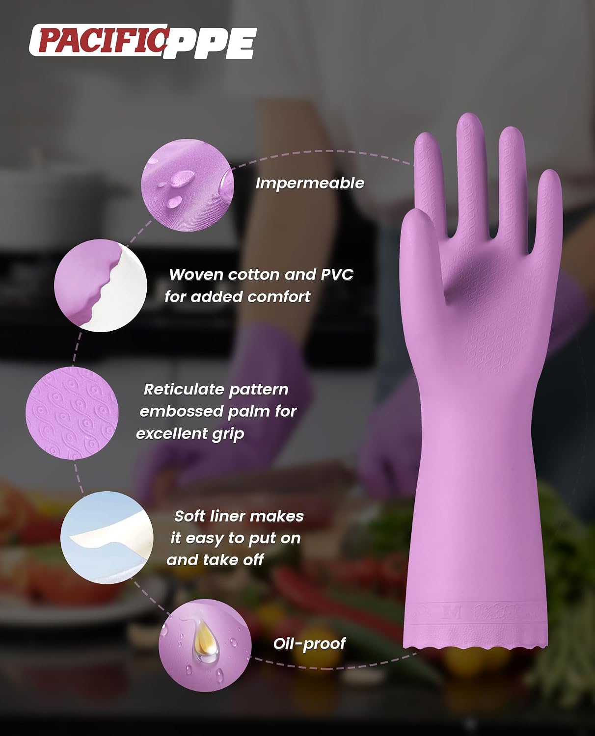 PACIFIC PPE 2 Pairs Reusable Dishwashing Cleaning Gloves with Latex Free, Cotton Lining, Kitchen Gloves, Blue, Medium