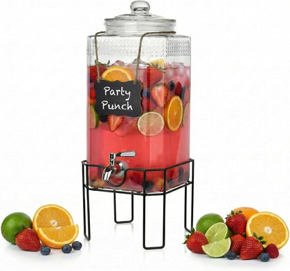 1.5 Gallon Glass Drink Dispenser, Drink Dispensers for Parties, Beverage Dispenser with Stand and Glass Lid, 100% Leakproof Spigot, Ideal for Lemonade, Juice, Iced Tea, Laundry Detergent