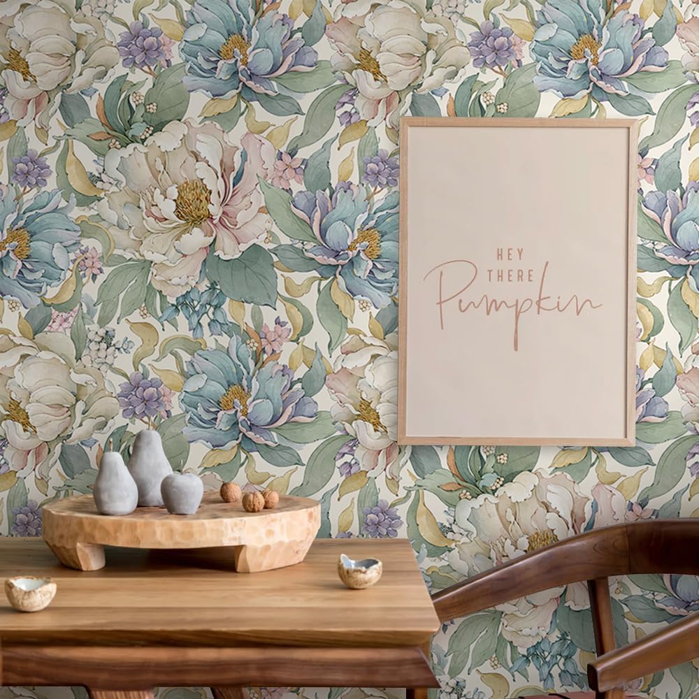 MuralPeel White Poppies Floral Modern Grey Peonies Flowers Peel and Stick Wallpaper Self Adhesive Removable Easy Peel Off Stick on Wall Paper for Bedroom Renter