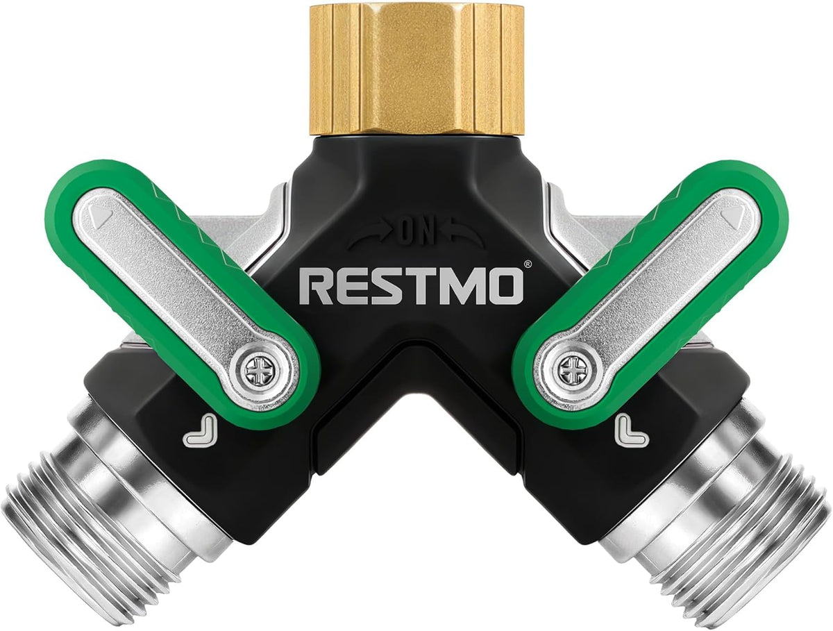 RESTMO 2 Way Garden Hose Splitter Heavy Duty Full Metal Body, Full Flow Design with Oversized Ball Valve, Y Outdoor Faucet Spigot Adapter with Extended Levers, 3/4" GHT Thread - Green 1 Pack
