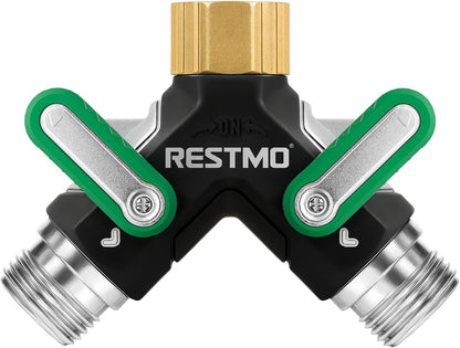 RESTMO 2 Way Garden Hose Splitter Heavy Duty Full Metal Body, Full Flow Design with Oversized Ball Valve, Y Outdoor Faucet Spigot Adapter with Extended Levers, 3/4" GHT Thread - Green 1 Pack