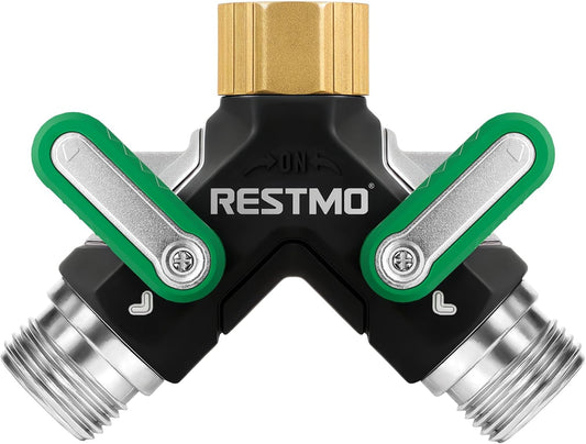 RESTMO 2 Way Garden Hose Splitter Heavy Duty Full Metal Body, Full Flow Design with Oversized Ball Valve, Y Outdoor Faucet Spigot Adapter with Extended Levers, 3/4" GHT Thread - Green 1 Pack