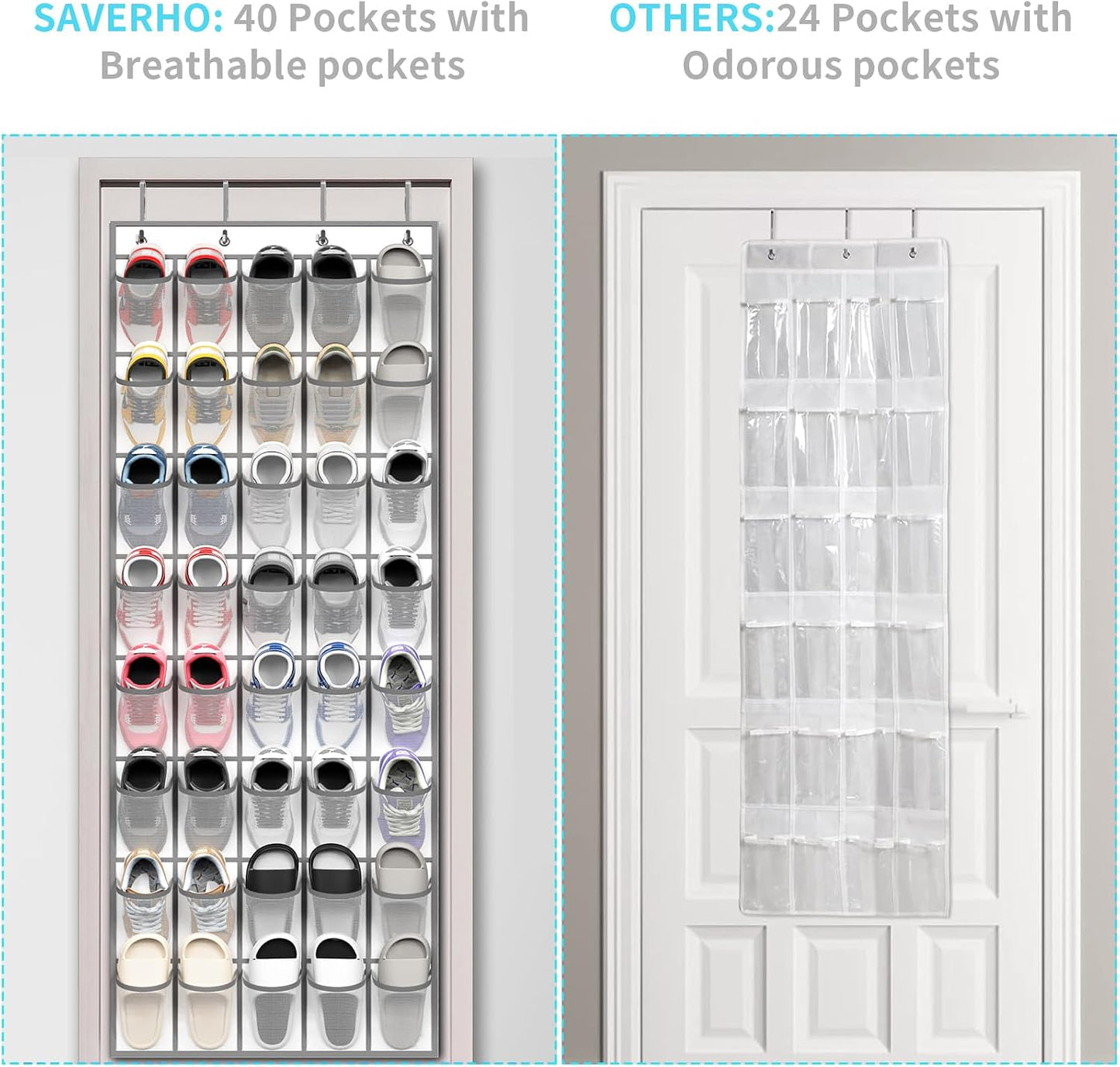 SAVERHO 35 Pockets Over the Door Shoe Organizer, Hanging Shoe Organizer for Door with 35 Mesh Pockets Large Capacity Shoe Hanging Storage Bag with 4 Metal Hooks (White-1Pack)