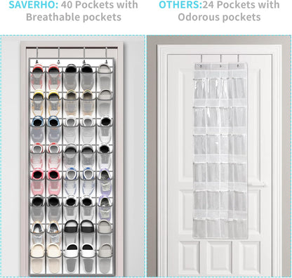 SAVERHO 35 Pockets Over the Door Shoe Organizer, Hanging Shoe Organizer for Door with 35 Mesh Pockets Large Capacity Shoe Hanging Storage Bag with 4 Metal Hooks (White-1Pack)