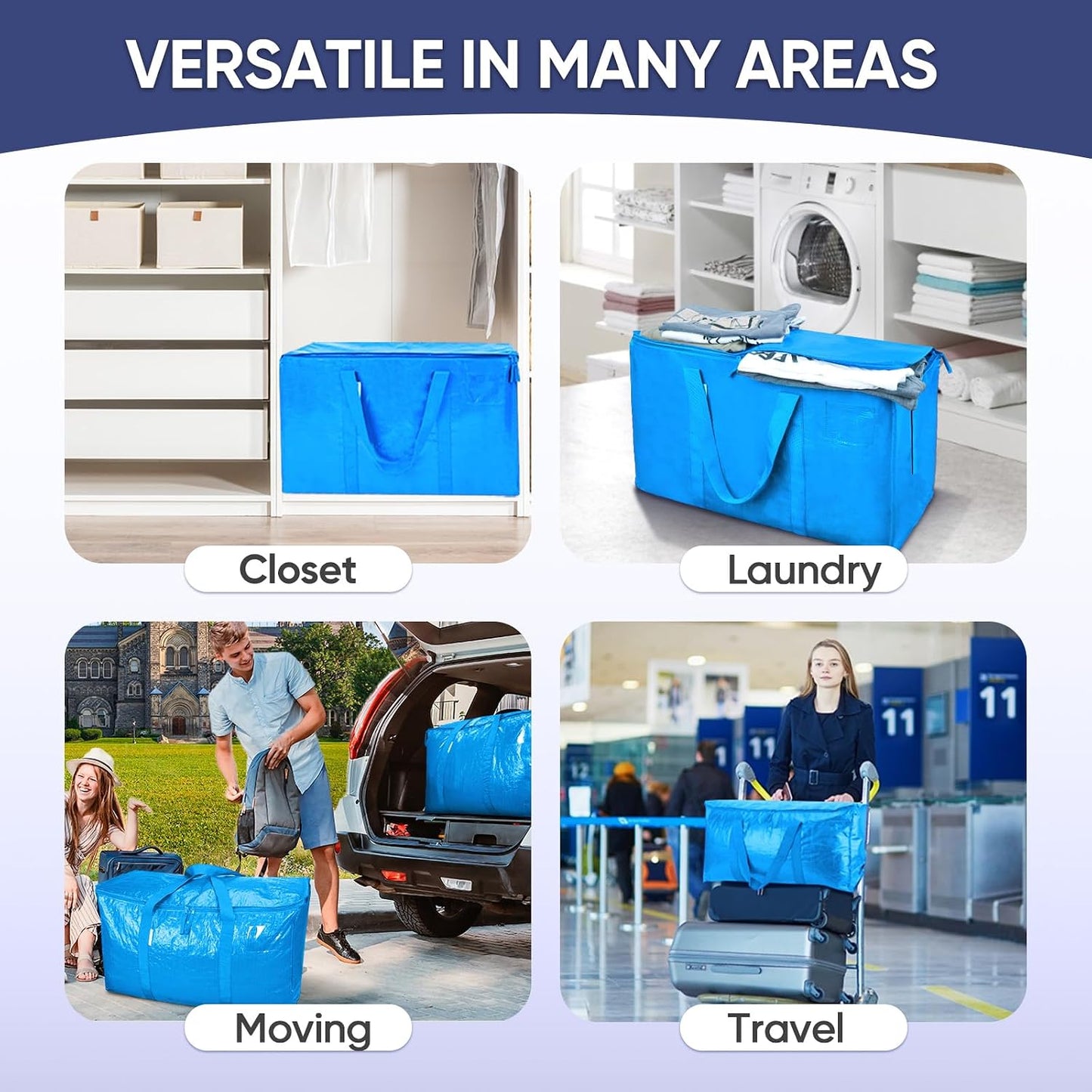 TICONN 4 Pack Extra Large Moving Bags Heavy Duty with Zippers & Carrying Handles, Durable Storage Bags Moving Boxes for Closet Organizers and Storage (4 Pack, Blue)