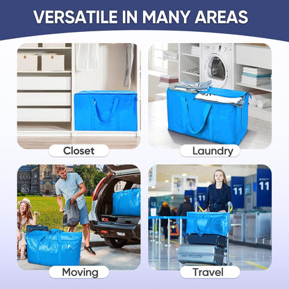 TICONN 4 Pack Extra Large Moving Bags Heavy Duty with Zippers & Carrying Handles, Durable Storage Bags Moving Boxes for Closet Organizers and Storage (4 Pack, Blue)
