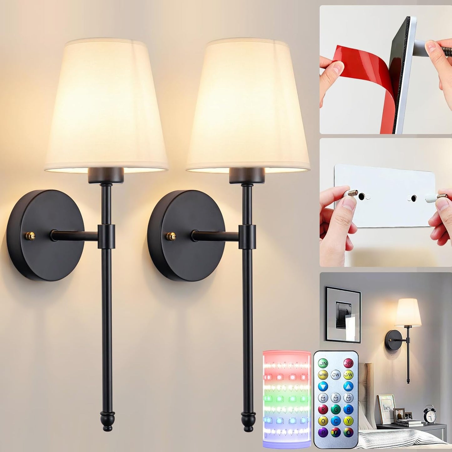 Nekhung Battery Operated Wall Sconces Set of Two, Wireless Battery Wall Light with 10000mAh RGB Dimmable Magnetic Bulb and Remote, Rechargeable Sconce Wall Decor for Bedroom Living Room Hallway