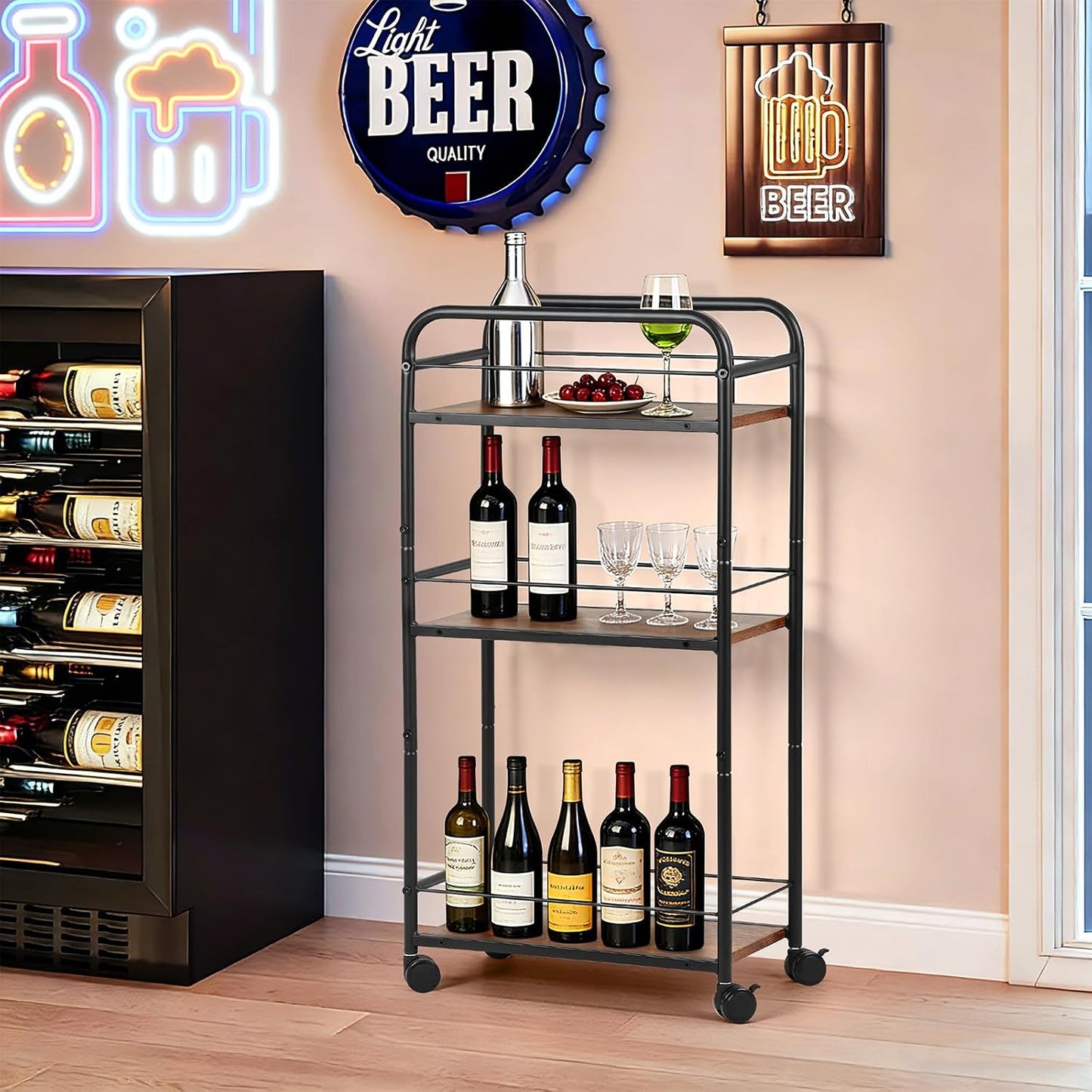 FUSLITE Small Bar Cart for Small Spaces, 3-Tier Slim Rolling Kitchen Cart on Wheels, Narrow Cart with Protective Fence, Industrial Mini Coffee Station for Home,Living Room,Bathroom, Rustic Brown