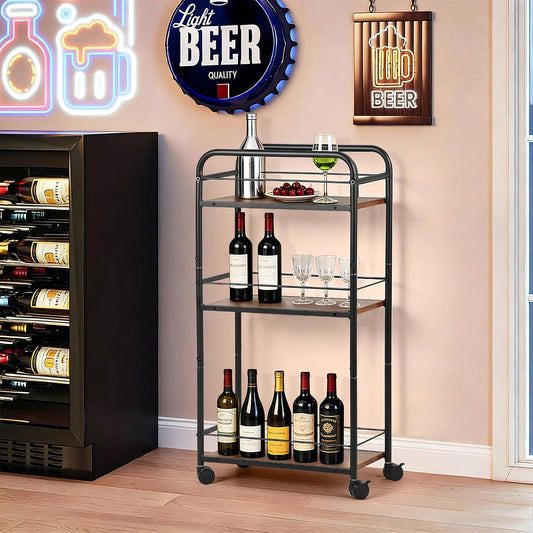 FUSLITE Small Bar Cart for Small Spaces, 3-Tier Slim Rolling Kitchen Cart on Wheels, Narrow Cart with Protective Fence, Industrial Mini Coffee Station for Home,Living Room,Bathroom, Rustic Brown