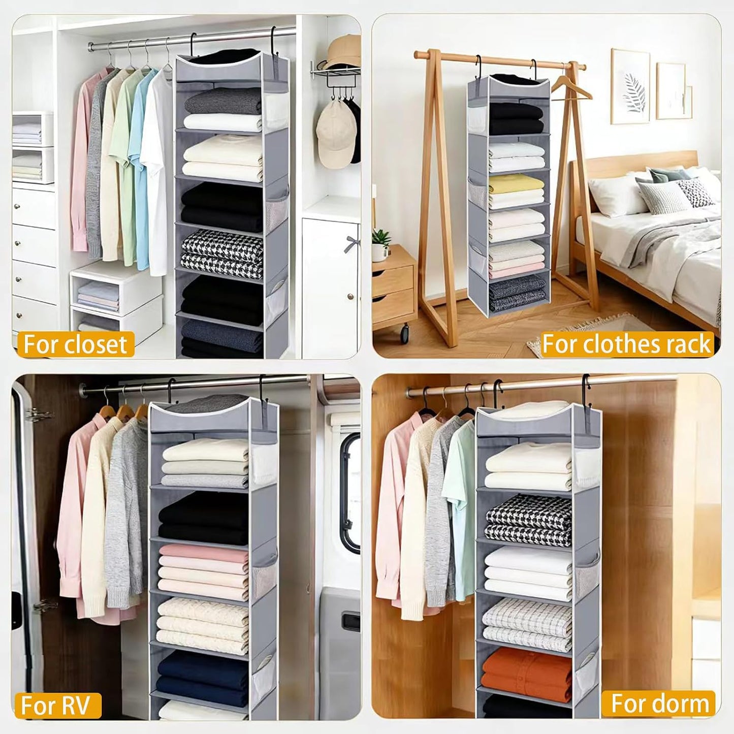 4-Shelf Hanging Closet Organizer and Storage with 4 Side Pockets, Collapsible Closet Hanging Shelves for Storage, Grey