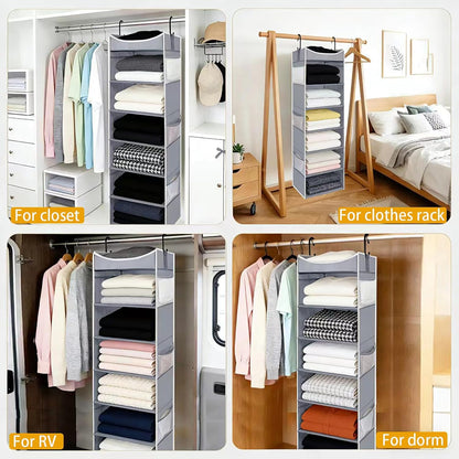 4-Shelf Hanging Closet Organizer and Storage with 4 Side Pockets, Collapsible Closet Hanging Shelves for Storage, Grey