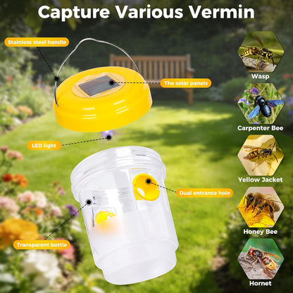 Solar Wasp Bee Trap, Outdoor Hanging LED Light Reusable Catcher for Outside | Brush Included, DIY Bait, Fits Hornet, Yellow Jacket, Wasp & Carpenter Bee, All-day Outdoor Use for Garden, Orchard & Farm