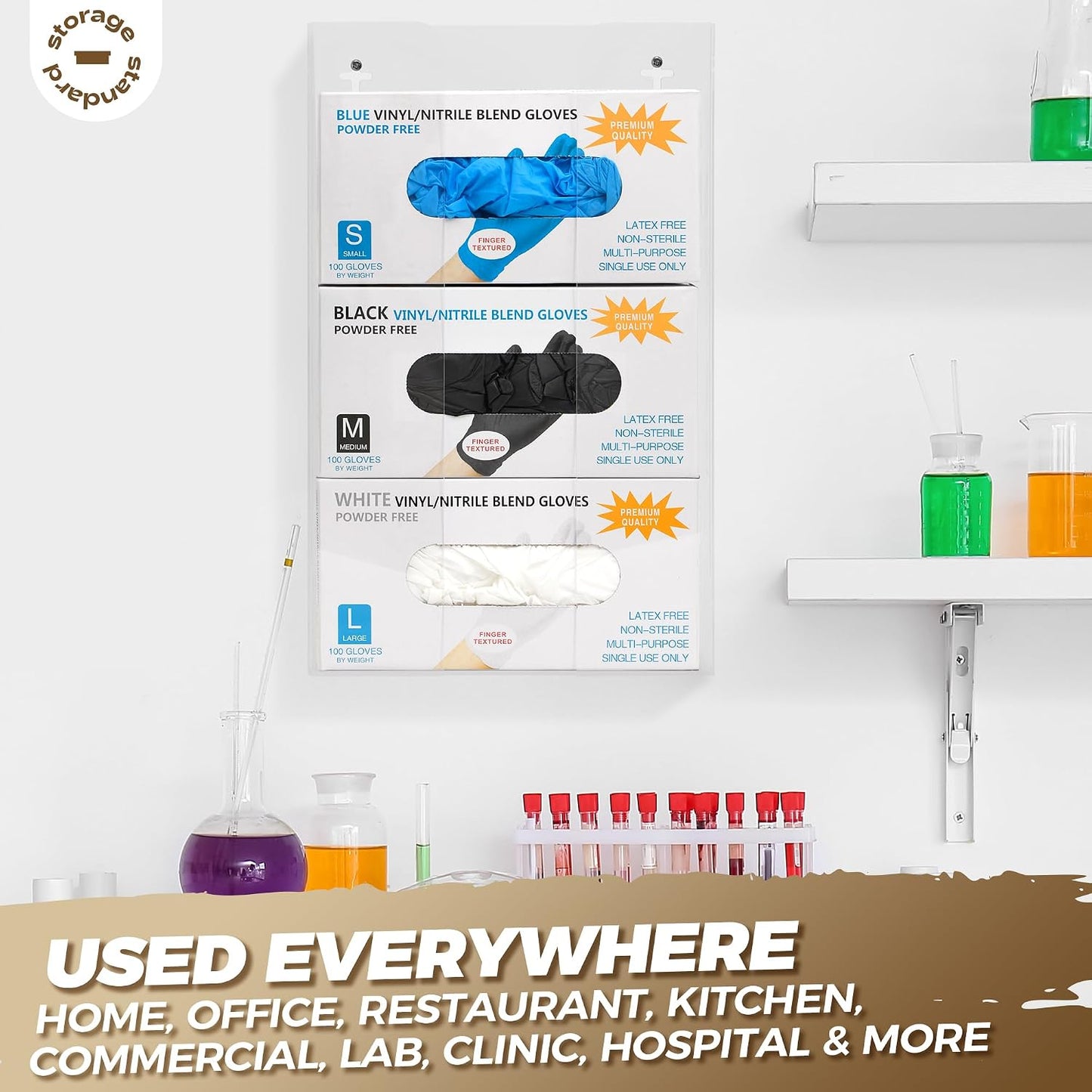 Storage Standard Glove Box Holder Dispenser - Kitchen, Medical, & Latex Gloves Holder Wall Mount or Countertop, Universal Fit - Thick Acrylic, Easy to Use, Slide, & Load Open Top Design - Clear