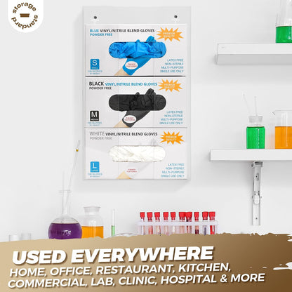 Storage Standard Glove Box Holder Dispenser - Kitchen, Medical, & Latex Gloves Holder Wall Mount or Countertop, Universal Fit - Thick Acrylic, Easy to Use, Slide, & Load Open Top Design - Clear