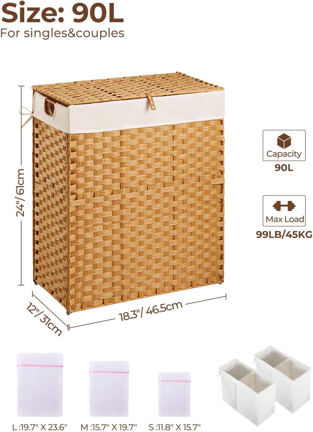 Greenstell Laundry Hamper with 2 Removable Liner Bags, Foldable Divided Clothes Hamper, 90L Handwoven Rattan Laundry Basket with Lid and Handles, No Assembly Needed, 18.3x13.3x24 Inches, Black