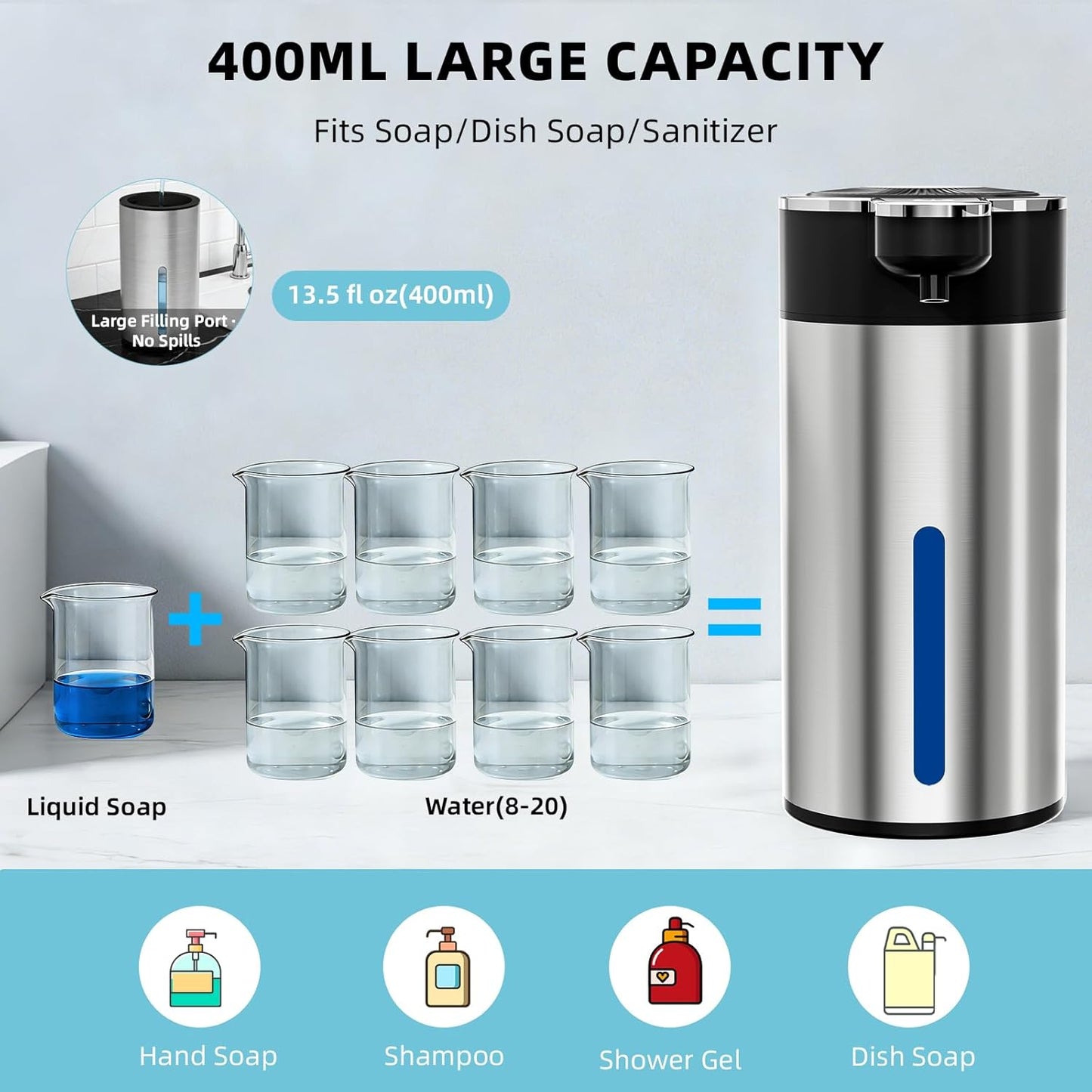 Automatic Foaming Soap Dispenser Touchless, Clog-Free Pump, 0.2s Fast Sensor, USB-C Rechargeable &13.5 oz/400ml Rechargeable, 4 Adjustable Liquid Levels, IPX5 Waterproof,Level Display