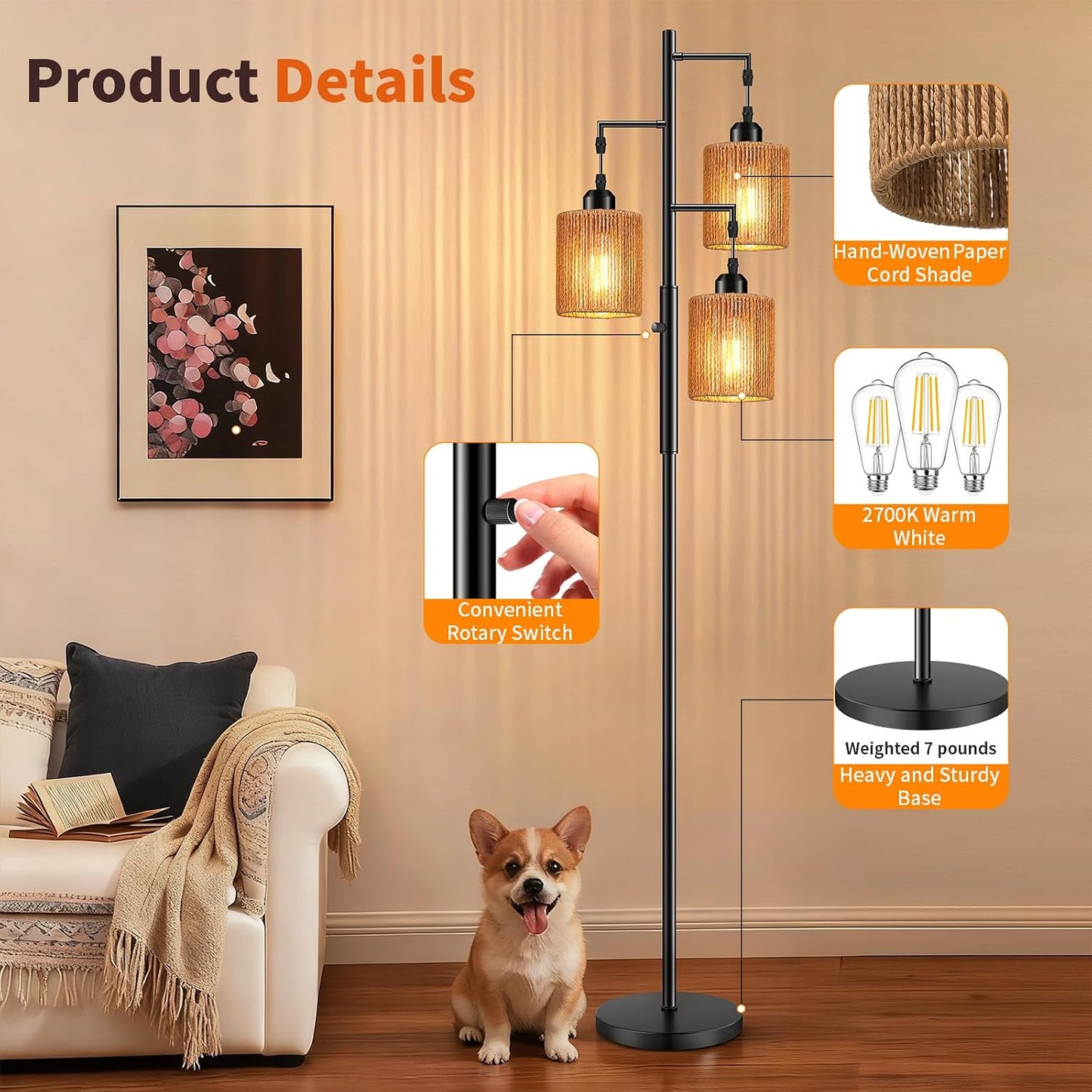 Hotsonic 72" Tall Boho Rattan Style Floor Lamp with Hand-Woven Paper Cord Shade, Dimmable Industrial Tree Standing Lamp for Living Room, Bedroom, Study Room, Office (3 x 800LM Bulbs Included) - Black
