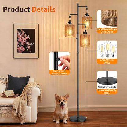 Hotsonic 72" Tall Boho Rattan Style Floor Lamp with Hand-Woven Paper Cord Shade, Dimmable Industrial Tree Standing Lamp for Living Room, Bedroom, Study Room, Office (3 x 800LM Bulbs Included) - Black