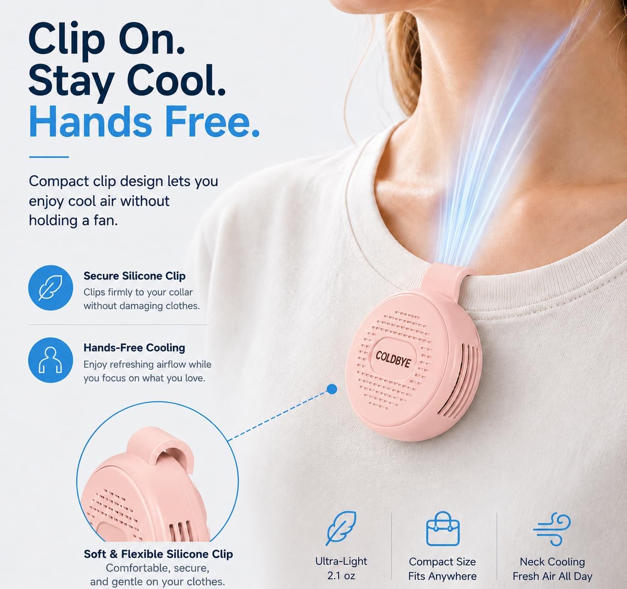 ColdBye Bladeless Shirt Clip Fan for Waist & Clothing, Wearable Personal Cooling Fan with 3 Speeds, USB-C Rechargeable Hands-Free Mini Portable Fan for Work, Travel, Camping & Outdoor Activities