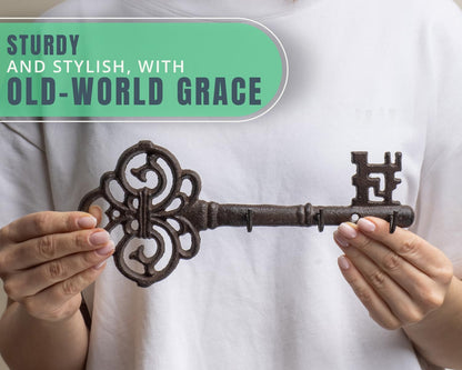 Comfify Brown Cast Iron Skeleton Key Wall Hook – 3 Hooks, 10.8" L | Brown; cast iron; 10.8"L x 2"W x 4.7"H; 3 hooks; KEYS embossed; matching brown screws; farmhouse entryway decor