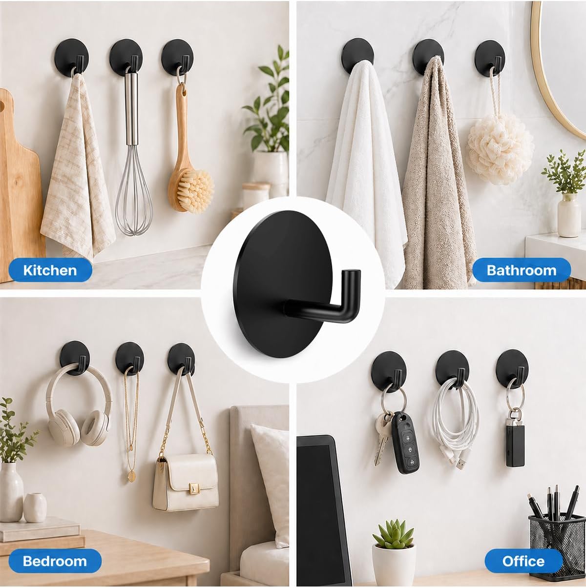 Removable Towel Hooks for Bathrooms, Heavy Duty Adhesive Hooks for Walls No Damage, Black Home Storage Hooks for Inside Shower, Sticky Hooks for Hanging Robe Coat Loofah Clothes Kitchen, 14Pcs Sus304