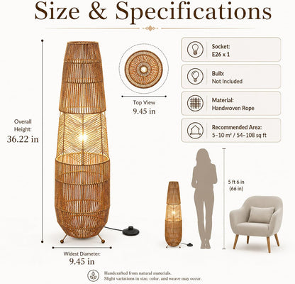MIXL-Farmhouse Style Bamboo Floor Lamp,Large Wicker Indoor Floor Light,Boho Standing Light Plug in,Modern Minimalist Standing Lamp for Living Room Bedroom