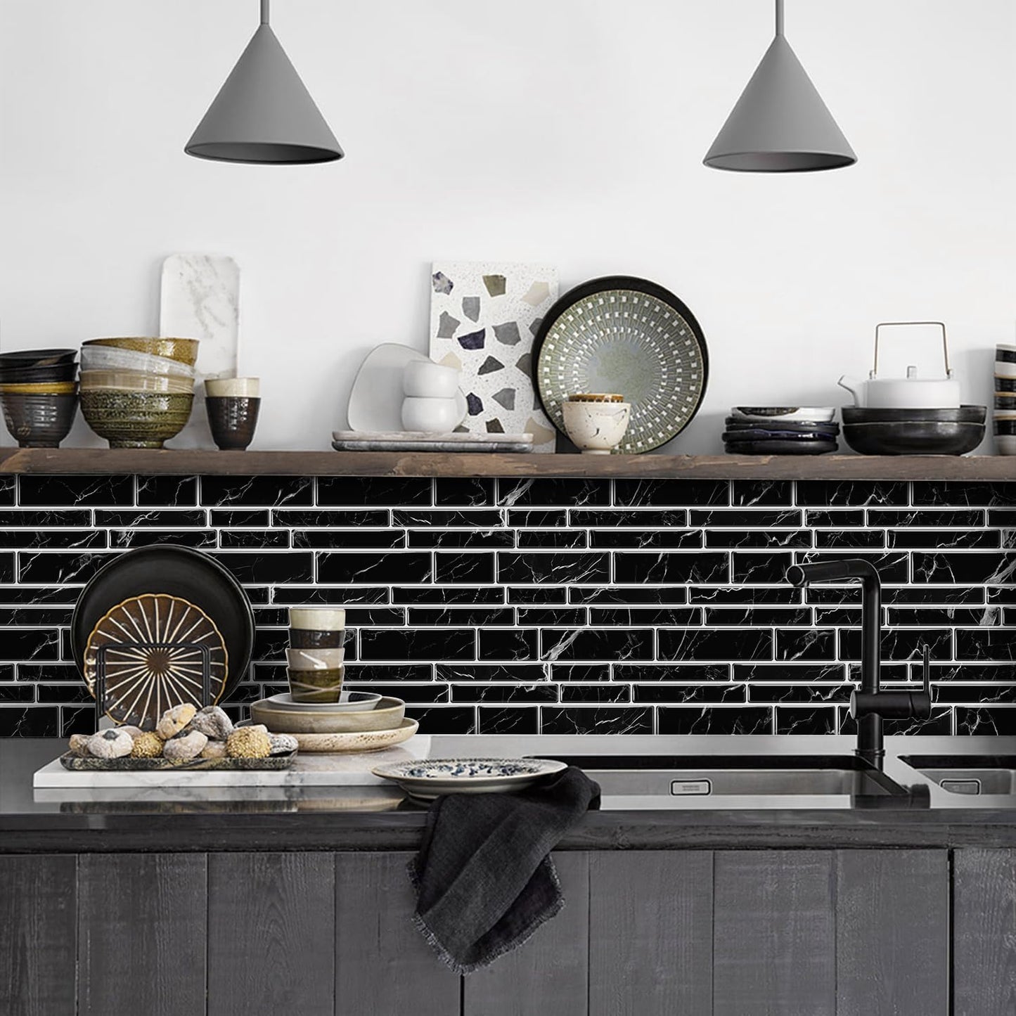 Vinyl Grey Black Tiles backsplash Wallpaper Peel and Stick,Waterproof Tile Decals for Kitchen Bathroom Restaurant Apartment Wall Renovation or Decor(25 Pcs 9.68 * 4.53 inch)