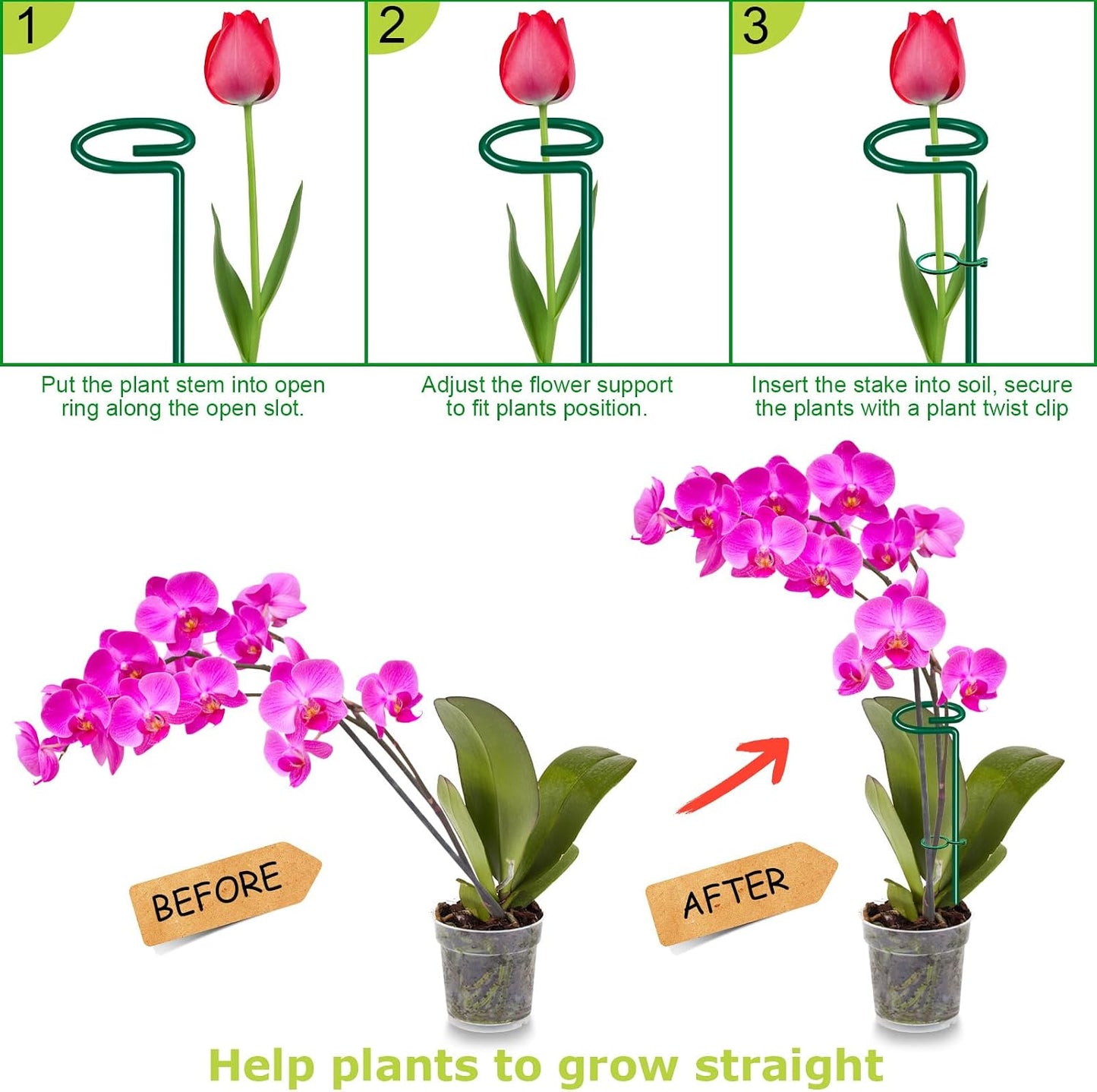 HiGift 17 inch Plant Support Stakes, 4mm Thick Garden Single Stem Flower Support Stake Amaryllis Plant Cage Support Rings with 10 pcs Plant Clips for Tomato Orchid Lily Peony Rose Flower Stem-5 Pack