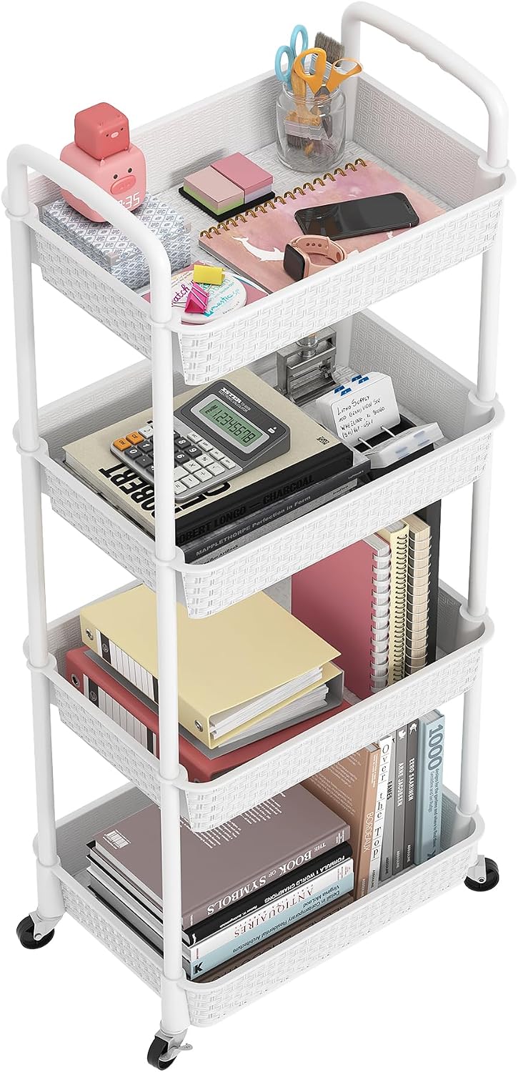 MOYIPIN 3-Tier Plastic Rolling Utility Cart with Handle,Utility Storage Cart for Office, Living Room, Kitchen,Movable Storage Organizer Shelves,White