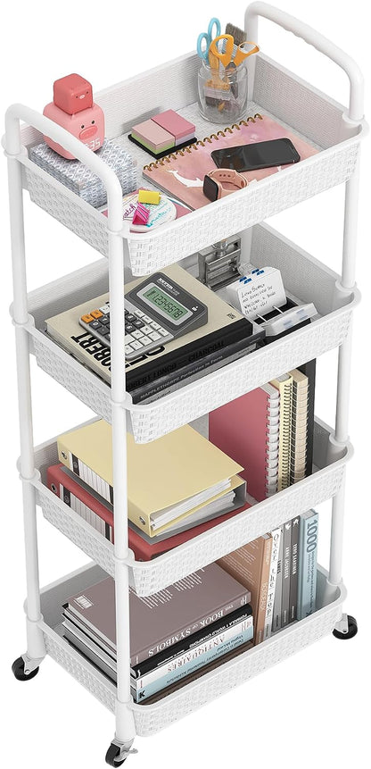 MOYIPIN 3-Tier Plastic Rolling Utility Cart with Handle,Utility Storage Cart for Office, Living Room, Kitchen,Movable Storage Organizer Shelves,White