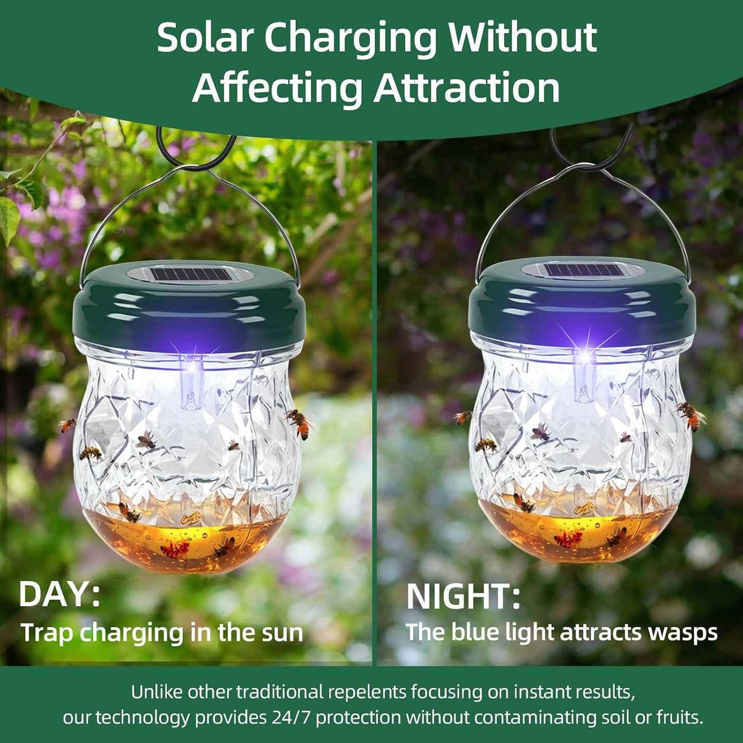 2026 Upgraded Solar Wasp Trap, 4 Pack Hanging Hornet & Bee Catcher with LED Light, Reusable Yellow Jacket Trap for Outdoors, Carpenter Bee Protection for Patio, Backyard, Garden