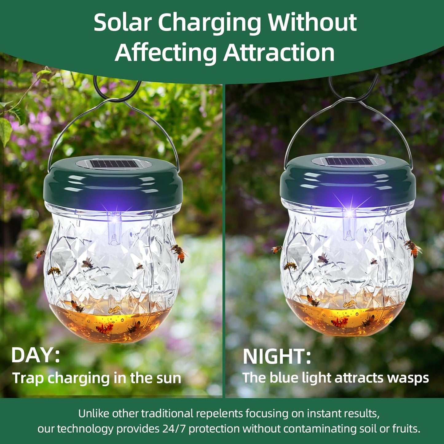 2026 Solar Wasp Traps Outdoor Hanging 4 Pack - Reusable Yellow Jacket Trap & Bee Catcher with LED Light, IP65 Waterproof Hornet & Fly Deterrent for Patio, Porch, Backyard Defense