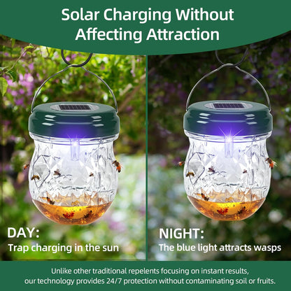 2026 Solar Wasp Traps Outdoor Hanging 4 Pack - Reusable Yellow Jacket Trap & Bee Catcher with LED Light, IP65 Waterproof Hornet & Fly Deterrent for Patio, Porch, Backyard Defense