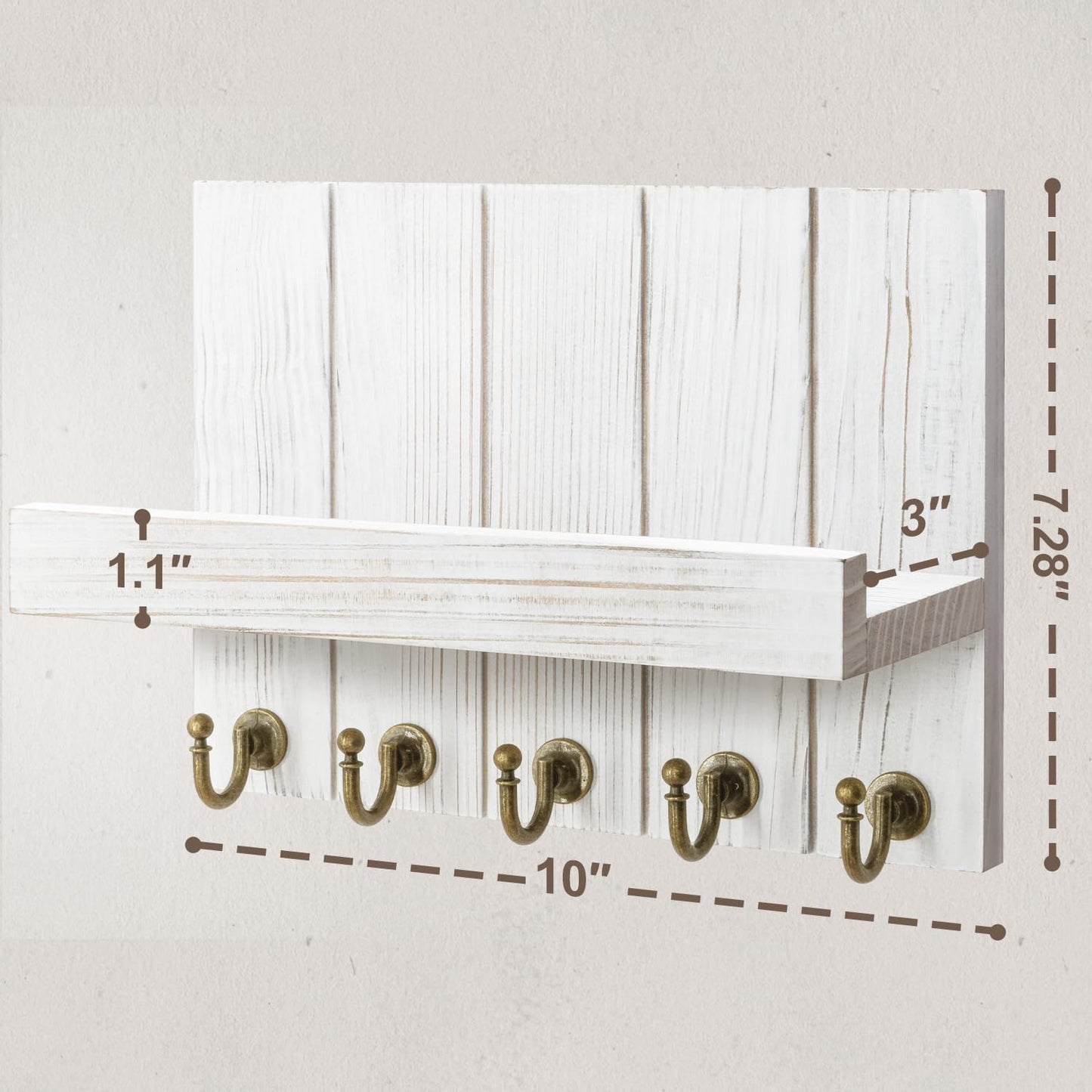 Rebee Vision Decorative Key Holder Wall Mount - Rustic Key Holder for Wall with Shelf and Mail Organizer for Living Room Decor - Home Essentials for Home Improvement (Brown, 3.54" x 10" x 7.28")