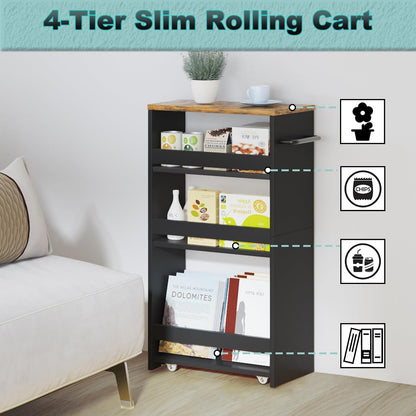 MARTY Slim Rolling Storage Cart 4-Tier Kitchen Cart with Wheels, Laundry Room Storage with Handle Slide Out Utility Cart Shelving Unit Organizer Trolley for Narrow Places Bathroom Small Corner, Black