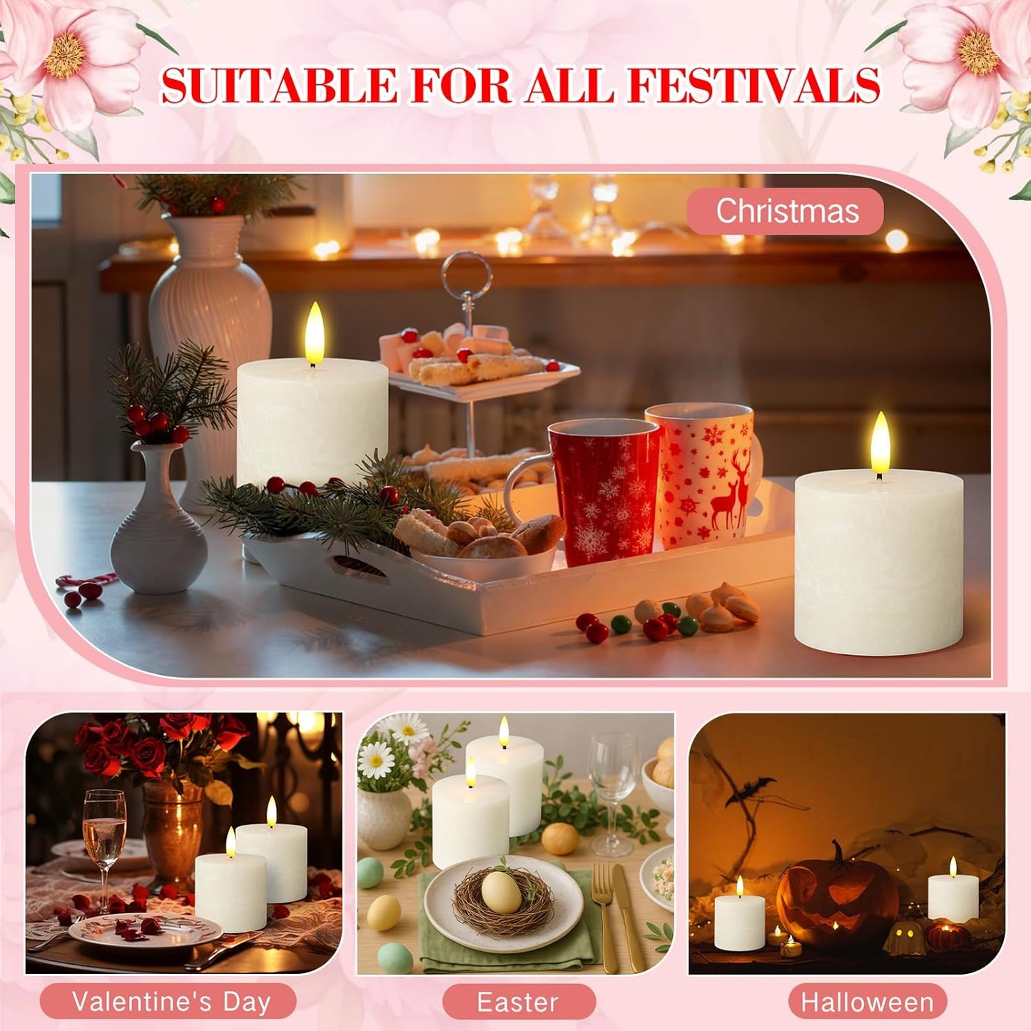 Retisee Valentine's Day Flameless Pillar Candles Set of 3 Battery Operated Candle with Remote Control Timers Real Wax Flat Top Flickering Small LED Candles for Valentine Decor Dinner(Ivory,3x3 Inch)