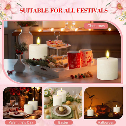 Retisee Valentine's Day Flameless Pillar Candles Set of 3 Battery Operated Candle with Remote Control Timers Real Wax Flat Top Flickering Small LED Candles for Valentine Decor Dinner(Ivory,3x3 Inch)