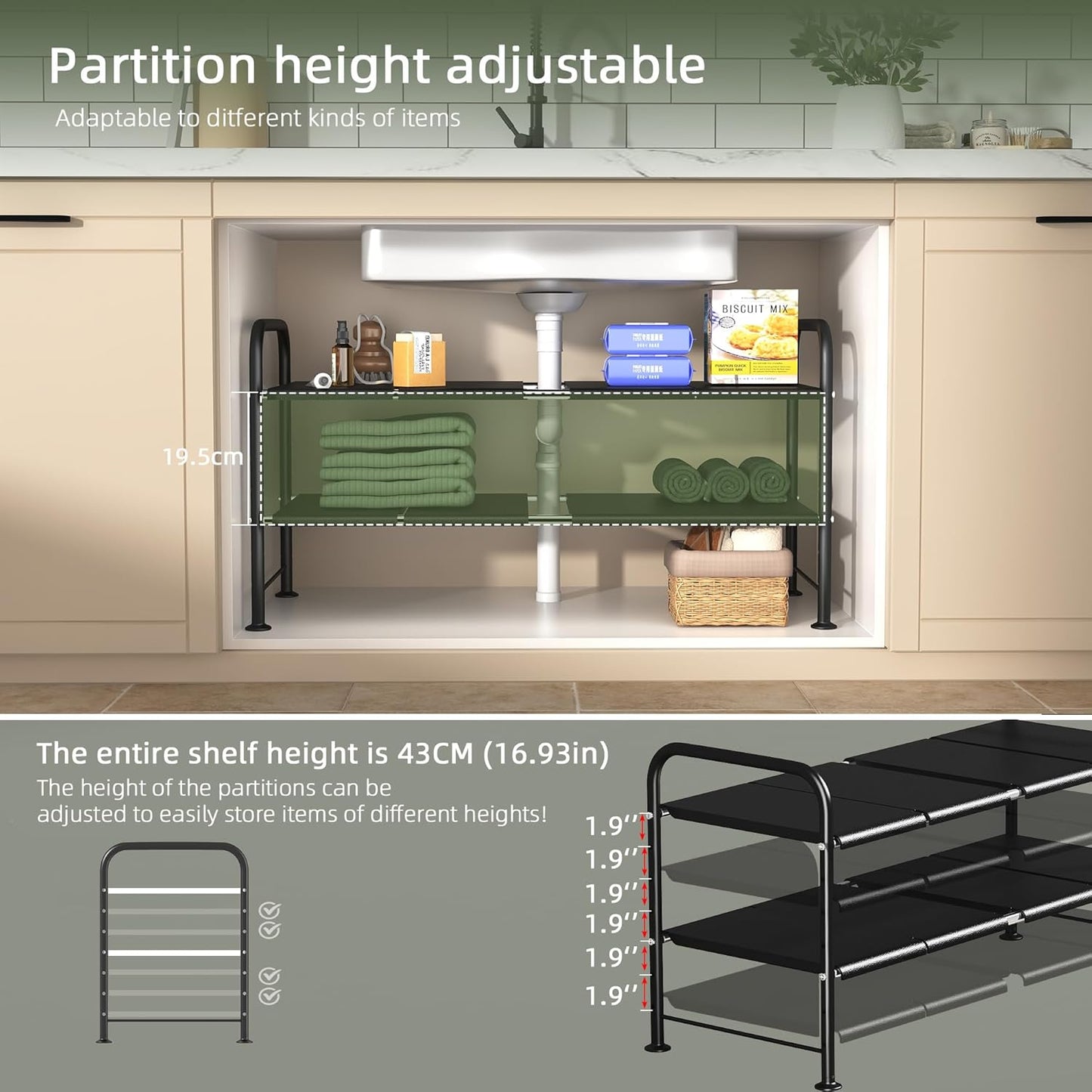 NETEL Under Sink Organizers and Storage, 2 Tier Expandable Under Cabinet Organizer Shelf with 4 Baskets and 4 Panels, Expandable Shelf for Cupboard, Kitchen, Bathroom, Shoe Storage Rack