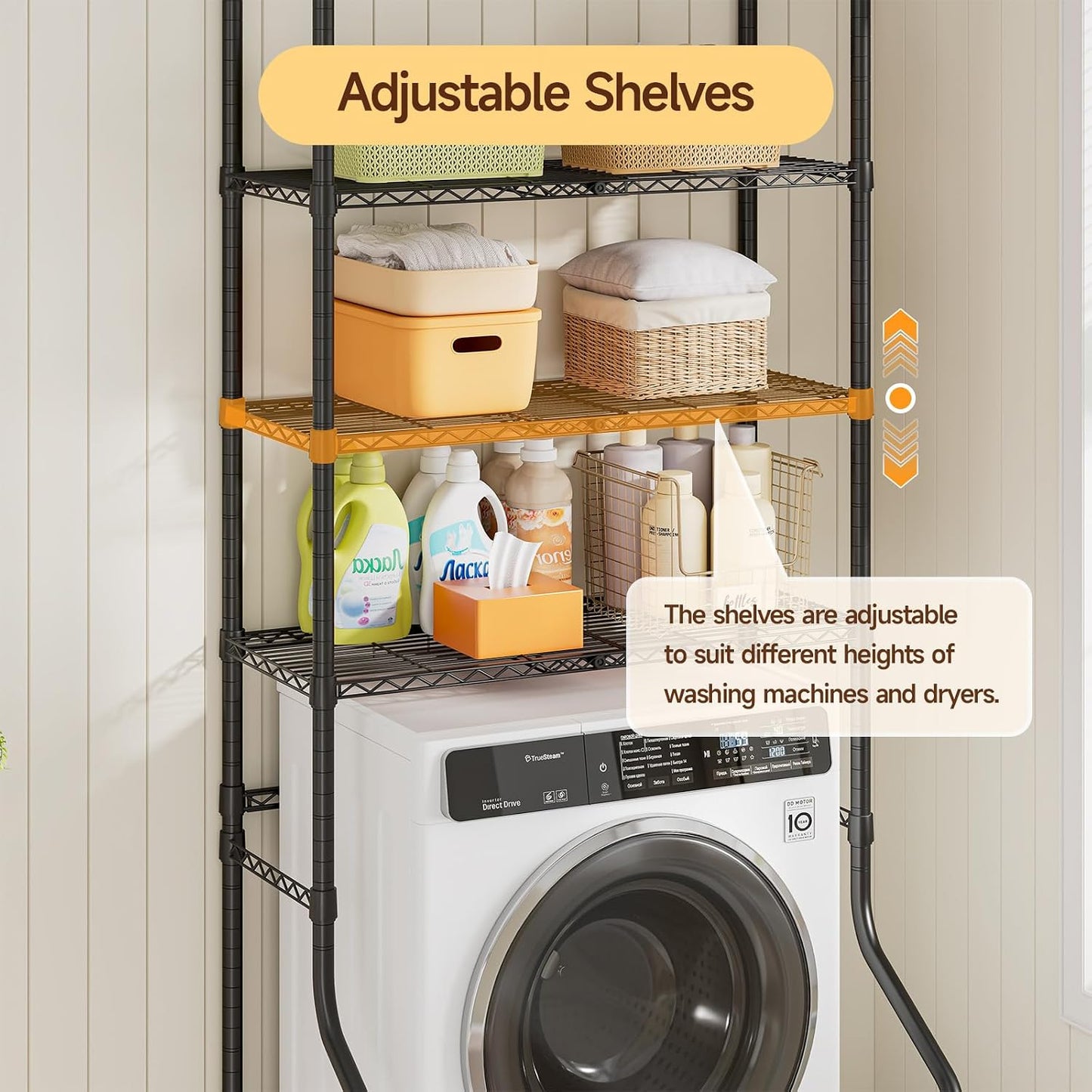 ONBRILL Expandable Over Washer and Dryer Shelves, 3 Tiers Laundry Room Organization and Storage with Hanger Rod, 4 Hooks, Adjustable Height Metal Freestanding Clothes Drying Rack, White
