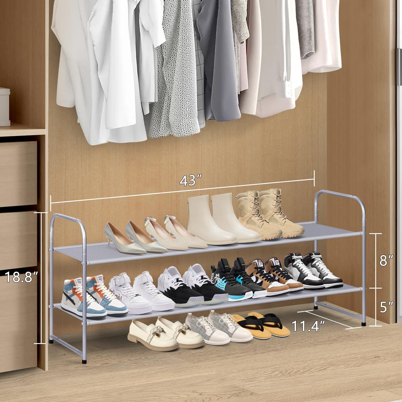 MISSLO 3-Tier Long Shoe Rack for Closet Shoe Organizer for Closet Floor Entryway Storage Stackable Wide Shoe Shelf Stores 24 Pairs of Men Sneakers, Black