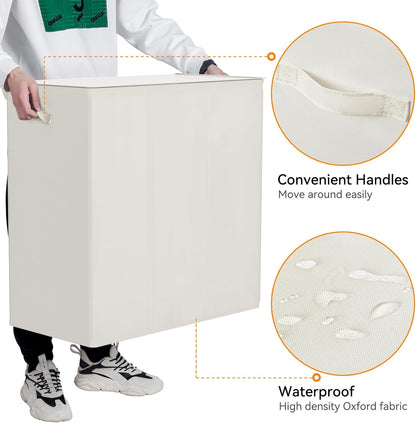 WOWLIVE 180L Laundry Hamper with Lid 3 Section,Large Laundry Basket with Removable Bags and Handles,Collapsible Dirty Clothes Hampers for Laundry,Laundry Basket Organizer for Laundry Room,Dorm,Beige